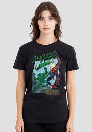 Young woman wearing black Spider-Man t-shirt featuring a fight scene with Spider-Man and Scorpion, comic-style art and text.