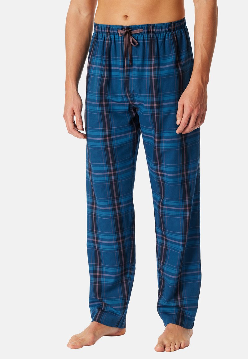 Rutiga pyjamabyxor för män i blått, med dragsko i midjan, lättviktsmaterial och avslappnad passform. Accentuerade med mörka och ljusa linjer.