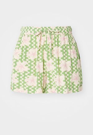 Grüne Shorts mit weißem Wellenmuster und rosa floralen Akzenten. Mit elastischem Bund und verstellbarem Kordelzug. Aus leichtem Stoff gefertigt.