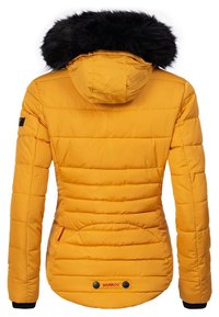 Yellow puffer jacket with a detachable black faux fur hood, horizontal quilted design, and two front buttons for closure.