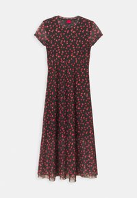 Robe midi noire à manches courtes avec motif floral rouge, encolure ronde et jupe légèrement évasée sur fond blanc.