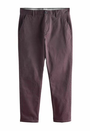 Burgunderfärgade bomullsbukser med en mjuk textur, smal passform, framfickor och en enda knappknäppning i midjan.