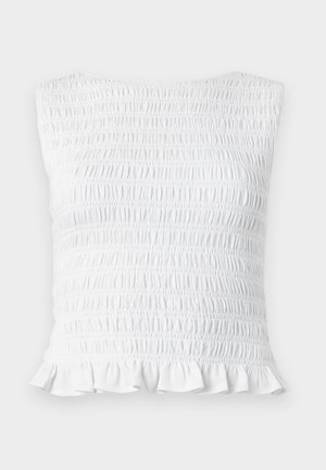 Hvit ermeløs topp med smocking, elastisk og rynket tekstur samt volangent kant, designet for en tettsittende og elastisk passform.