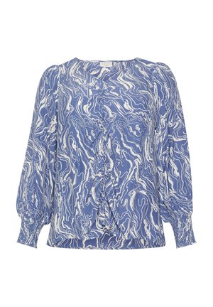 Hellblaue und weiße gemusterte Bluse aus leichtem Stoff, mit runder Ausschnitt, langen Puffärmeln und einem zentralen Rüschendetail.