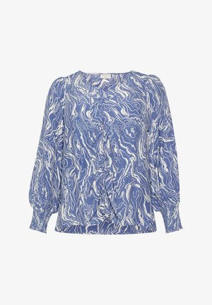 Hellblaue und weiße gemusterte Bluse aus leichtem Stoff, mit runder Ausschnitt, langen Puffärmeln und einem zentralen Rüschendetail.