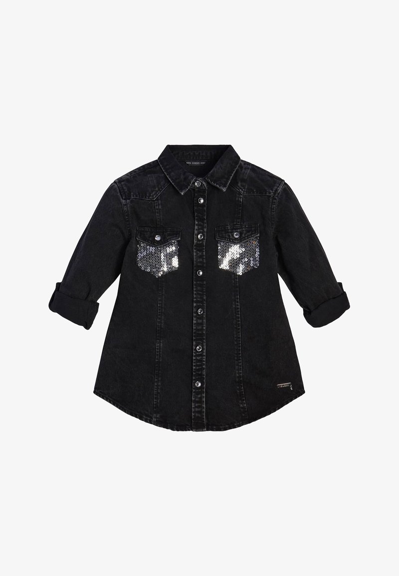 Chemise en denim noire à manches longues avec boutons sur le devant, poignets retroussés et deux poches poitrine décorées de sequins argentés.