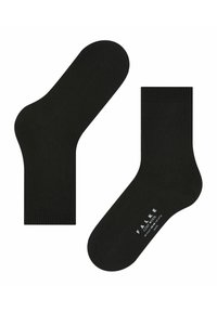 Schwarze Wollsocken mit glatter Textur, ausgestattet mit einem gerippten Bündchen und bedrucktem Branding auf der Sohle. Klassisches Design bis zur Mitte der Wade.