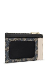 Leopard-patterned card holder in blue and beige, featuring a zip closure, black fabric backing, and a clear ID slot. Smooth texture, compact design.