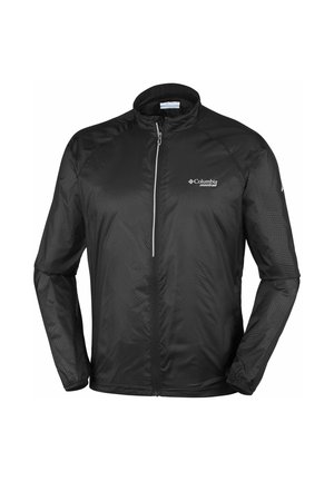 Schwarze leichte Reißverschlusstasche mit langen Ärmeln, elastischen Bündchen und Columbia Montrail Logo auf der Brust und am linken Arm.