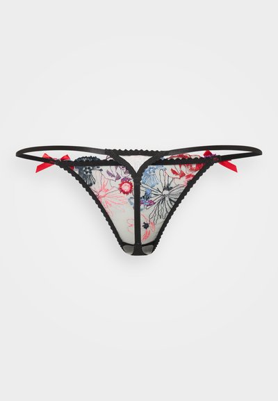 Črne čipkaste tangice z cvetličnim vezenjem v roza, rdeči in modri barvi. Vključujejo tanke trakove in rdeče pentlje kot poudarke.