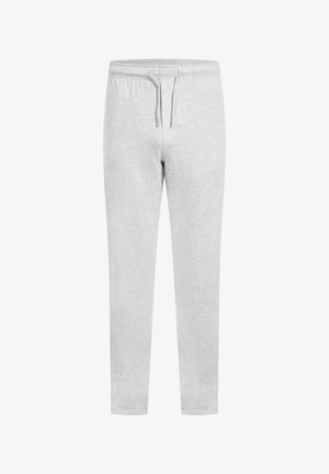 Lichtgrijze joggingsbroek met een elastische tailleband en trekkoord, met een taps toelopend ontwerp, gemaakt van zachte stof met een gladde textuur.