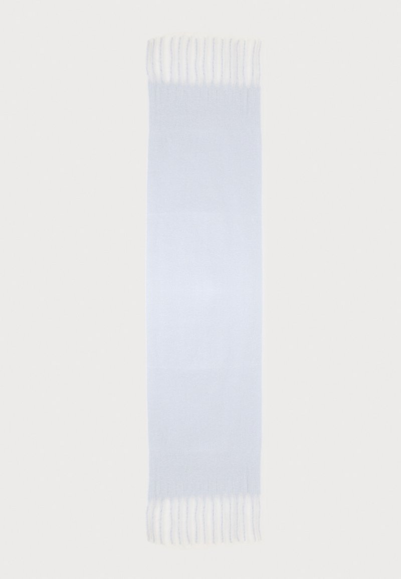 Écharpe rectangulaire bleu clair avec des franges blanches aux deux extrémités courtes, présentée à plat sur un fond blanc.