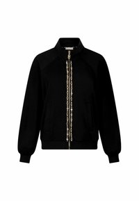 Giacca nera con zip e colletto alto, caratterizzata da accenti decorativi di perline lungo la zip, tasche frontali e polsini e orlo a coste.