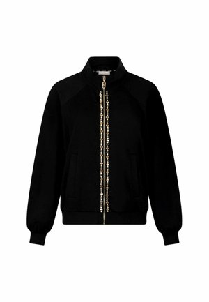 Giacca nera con zip e colletto alto, caratterizzata da accenti decorativi di perline lungo la zip, tasche frontali e polsini e orlo a coste.