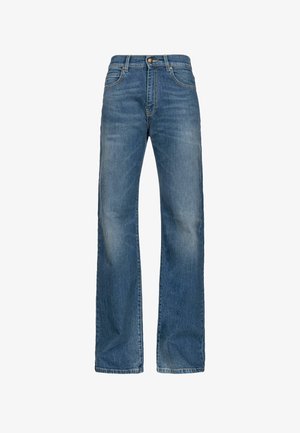 Blaue Jeans mit geradem Bein, klassischem Fünf-Taschen-Design und Knopfverschluss, dargestellt auf weißem Hintergrund.