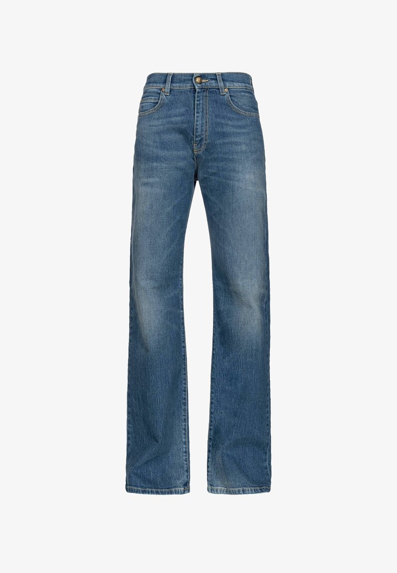 Jean droit bleu en denim avec design classique à cinq poches et fermeture par bouton, présenté sur fond blanc.