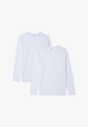 Due magliette a manica lunga bianche, con colletto a giro, di taglia XL, disposte ordinatamente su uno sfondo bianco.