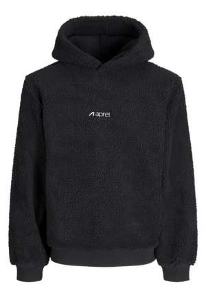 Mustast fliisist kapuutsiga pusa tekstureeritud kangaga, pikkade varrukatega, soonikkoes mansettide ja äärega ning väike valge "aprel" logo rinnal.