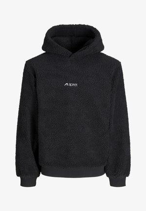 Mustast fliisist kapuutsiga pusa tekstureeritud kangaga, pikkade varrukatega, soonikkoes mansettide ja äärega ning väike valge "aprel" logo rinnal.