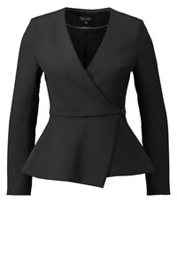 Blouse noire à manches longues en portefeuille avec un col en V et un ourlet péplum asymétrique, fermeture à bouton sur le côté, coupe ajustée, marque Topshop.