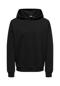 Sweat à capuche noir avec poche kangourou à l'avant, manches longues, poignets côtelés et grande capuche, présenté sur un fond blanc.