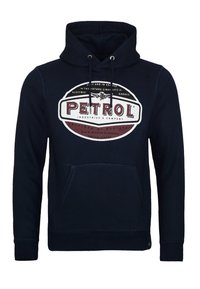 Sudadera azul marino de algodón, con un bolsillo frontal, capucha ajustable con cordón y un logo impreso en rojo y blanco en el pecho.
