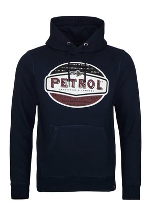 Navyblauwe hoodie van katoen, met een voorzak, verstelbare trekkoordkap, en een geprinte logo in rood en wit op de borst.