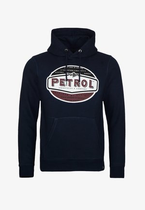 Granatowy sweatshirt wykonany z bawełny, z kieszenią z przodu, regulowanym kapturem na sznurki oraz nadrukowanym logo w czerwonym i białym kolorze na piersi.