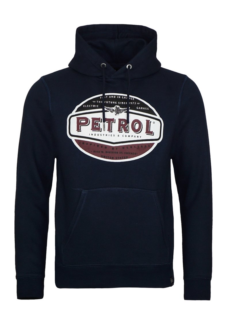 Sudadera azul marino de algodón, con un bolsillo frontal, capucha ajustable con cordón y un logo impreso en rojo y blanco en el pecho.