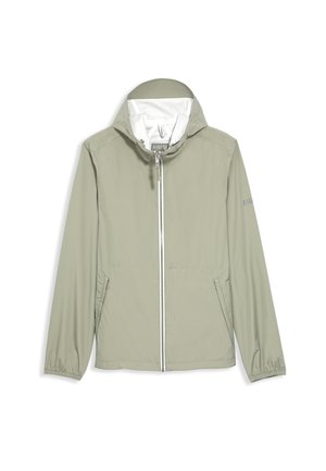 Veste à capuche vert clair en matériau lisse et résistant à l'eau. Comprend une fermeture éclair à l'avant, des poignets élastiques, des poches latérales et un accent logo.