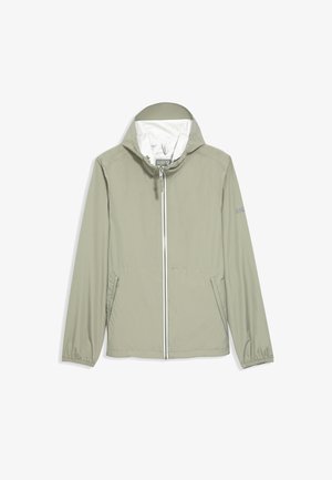 Veste à capuche vert clair en matériau lisse et résistant à l'eau. Comprend une fermeture éclair à l'avant, des poignets élastiques, des poches latérales et un accent logo.