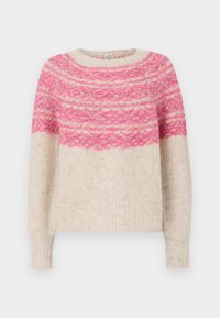 Knit sweater featuring a round neckline, pink and cream striped pattern, and ribbed cuffs and hem. Made from soft, textured fabric.
