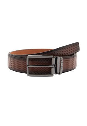 Brown leather belt with small perforated dots, black metal buckle engraved with "LLOYD," rolled on white background.
