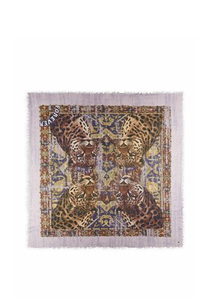 Square scarf with four mirrored leopard heads on a patterned background and the word "FOREVER" in one corner.