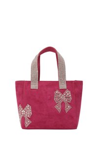 Rosa ruskindtaske med to dekorative perle-bows på forsiden og shiny, teksturerede håndtag, der kontrasterer i farve. Kvadratisk formet design.