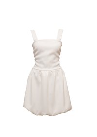 White dress with square neckline, thick straps, and gathered skirt. Made of textured fabric, featuring a smooth, fitted bodice.