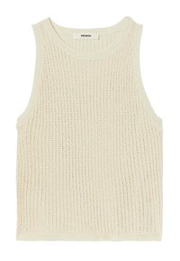 Débardeur en tricot crème clair avec une texture à côtes verticales. Présente un col rond et un design sans manches. Légère brillance visible dans le tissu.