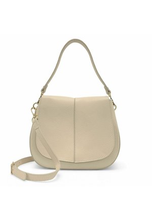 Sac à bandoulière en cuir beige avec fermeture à rabat, poignée supérieure et bandoulière croisée réglable et amovible, présenté sur fond blanc.