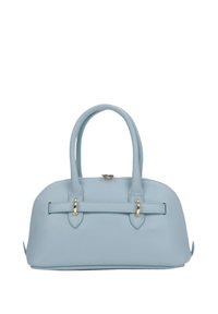 Jasnoniebieska skórzana torebka o okrągłym kształcie, z dwoma krótkimi uchwytami i złotymi akcentami hardwarowymi. Teksturowane wykończenie z bezpiecznym zapięciem.