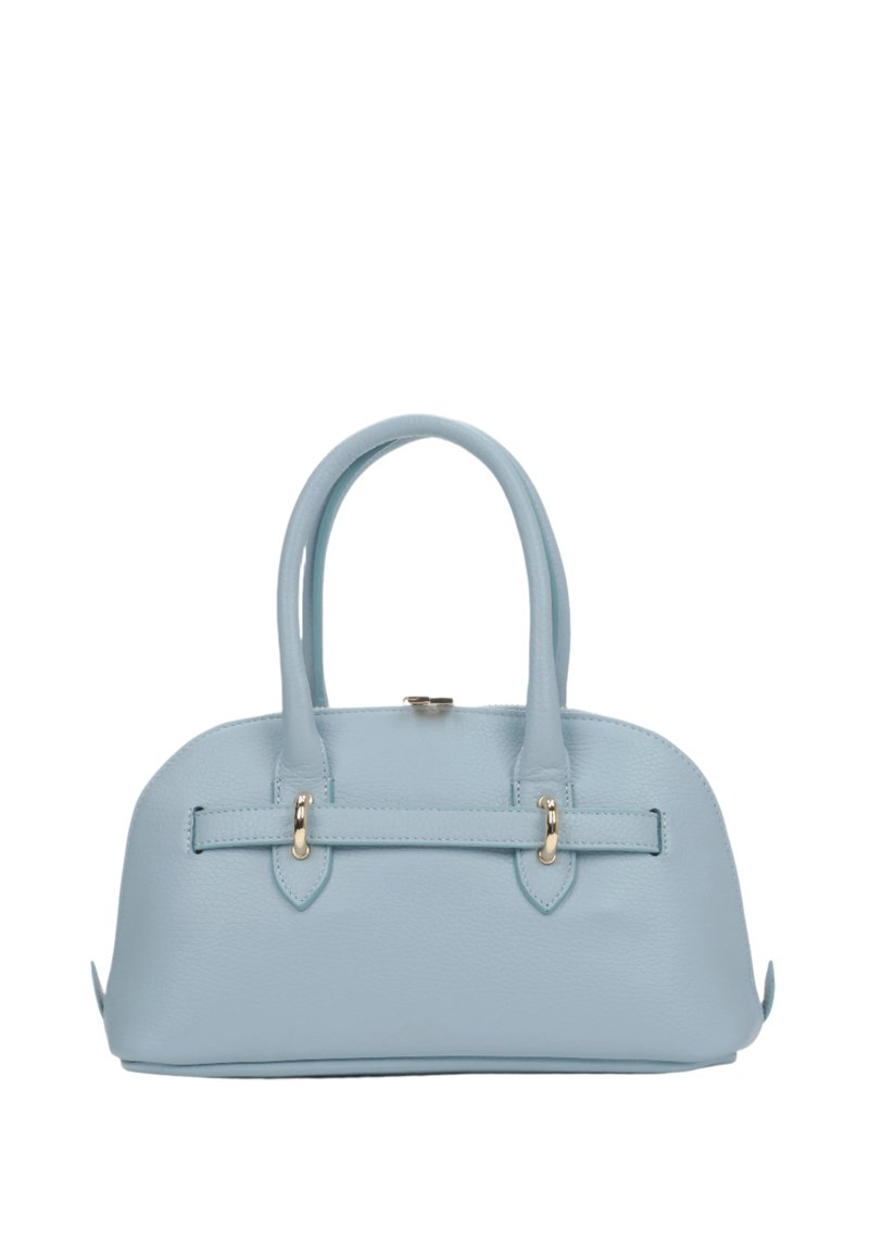 Jasnoniebieska skórzana torebka o okrągłym kształcie, z dwoma krótkimi uchwytami i złotymi akcentami hardwarowymi. Teksturowane wykończenie z bezpiecznym zapięciem.