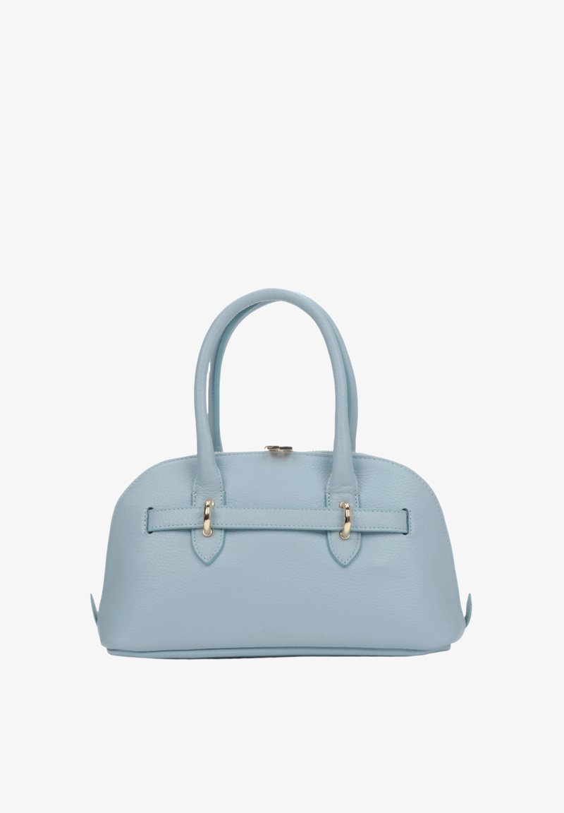 Jasnoniebieska skórzana torebka o okrągłym kształcie, z dwoma krótkimi uchwytami i złotymi akcentami hardwarowymi. Teksturowane wykończenie z bezpiecznym zapięciem.