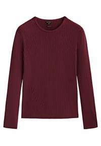 Bordowy, prążkowany sweter z długim rękawem i okrągłym dekoltem, z wyraźnie teksturowanym materiałem i równomiernie rozmieszczonymi pionowymi paskami.