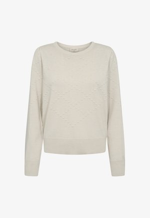 Licht beige langemouwtrui met een textuur van een ruitpatroon en geribbelde manchetten en boord, ronde halslijn, zonder zichtbare sluitingen.