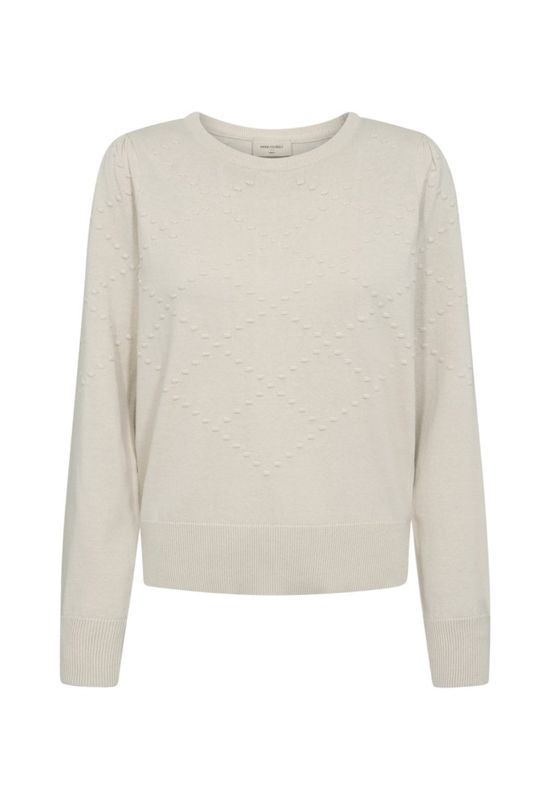 Ljusbeige långärmad tröja med texturerat diamantmönster och ribbat avslut vid ärmar och nederkant, rund halsringning, ingen synlig stängning.