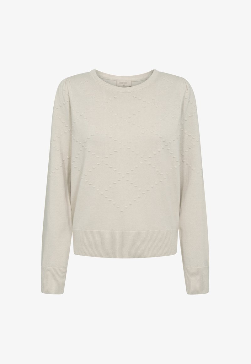 Ljusbeige långärmad tröja med texturerat diamantmönster och ribbat avslut vid ärmar och nederkant, rund halsringning, ingen synlig stängning.