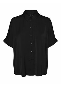 Camicia nera con bottoni, caratterizzata da una texture morbida, maniche corte arrotolate e una vestibilità ampia. Presenta un colletto classico e sei bottoni neri.