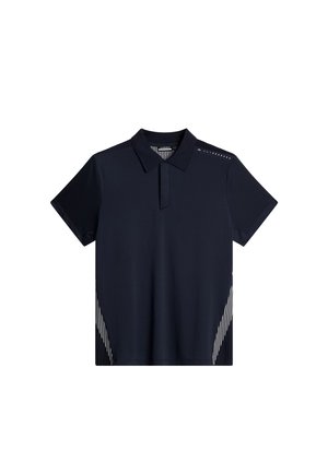 Polo-shirt bleu marine à manches courtes et col. Présente un motif à rayures diagonales sur les côtés et un détail de logo sur l'épaule. Fabriqué en matériau doux.