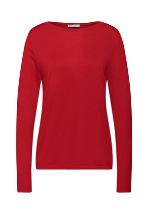 Suéter de punto rojo de manga larga con cuello barco y puños acanalados, etiquetado "Street One" en el cuello.