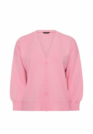 Soft pink knitted cardigan with V-neck, long puffed sleeves, ribbed cuffs and hem, and four matching pink buttons down the front.
