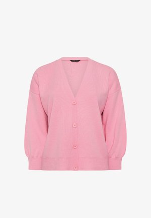 Soft pink knitted cardigan with V-neck, long puffed sleeves, ribbed cuffs and hem, and four matching pink buttons down the front.
